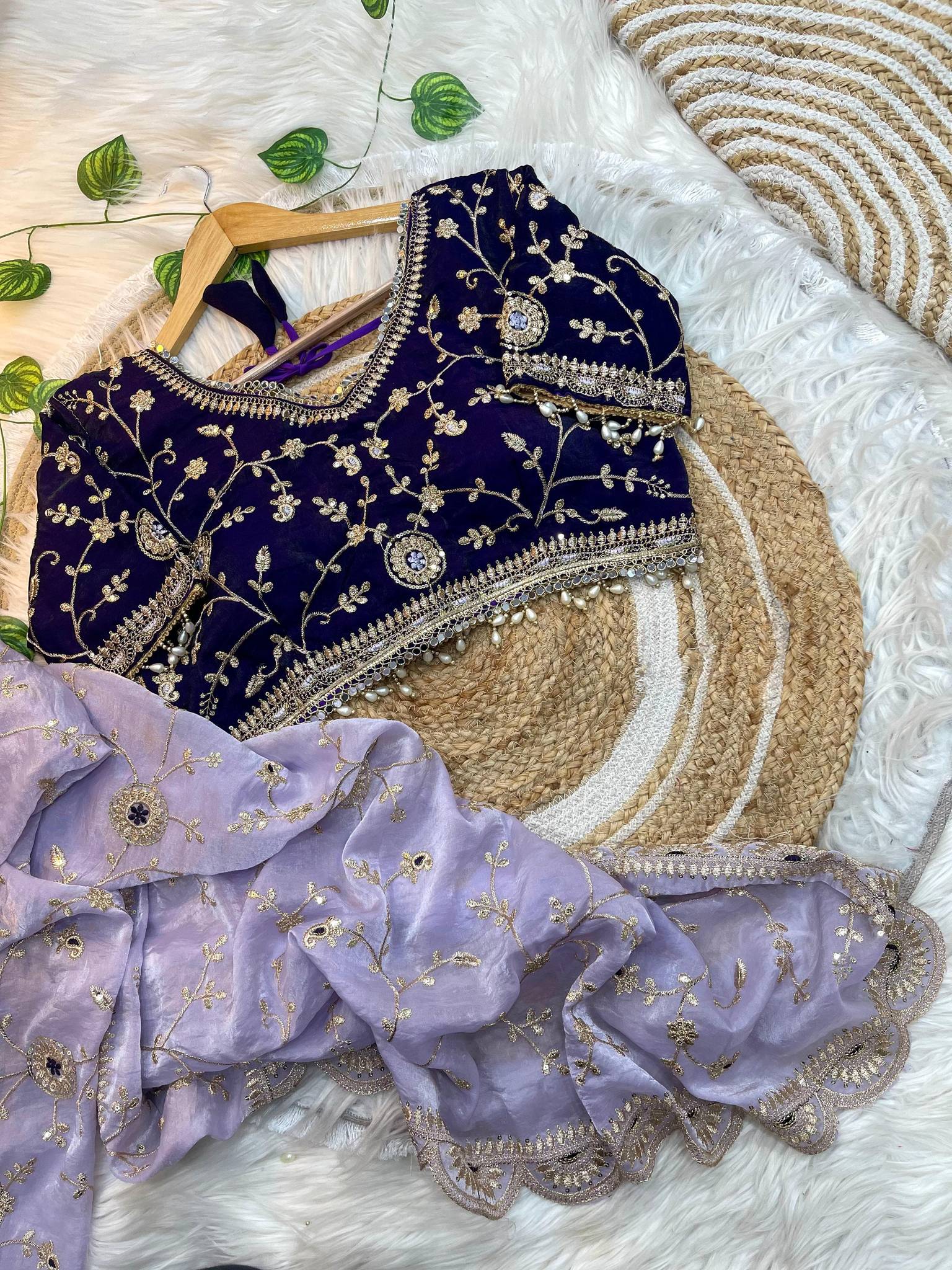 Purple Elegant Fendy Satin Silk Saree with Navy Blue Heavy Embroidered Border & Cutwork Blouse